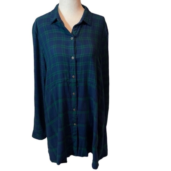 Jill festive Green & Blue button down collared tunic blouse with pockets Small - Picture 1 of 6